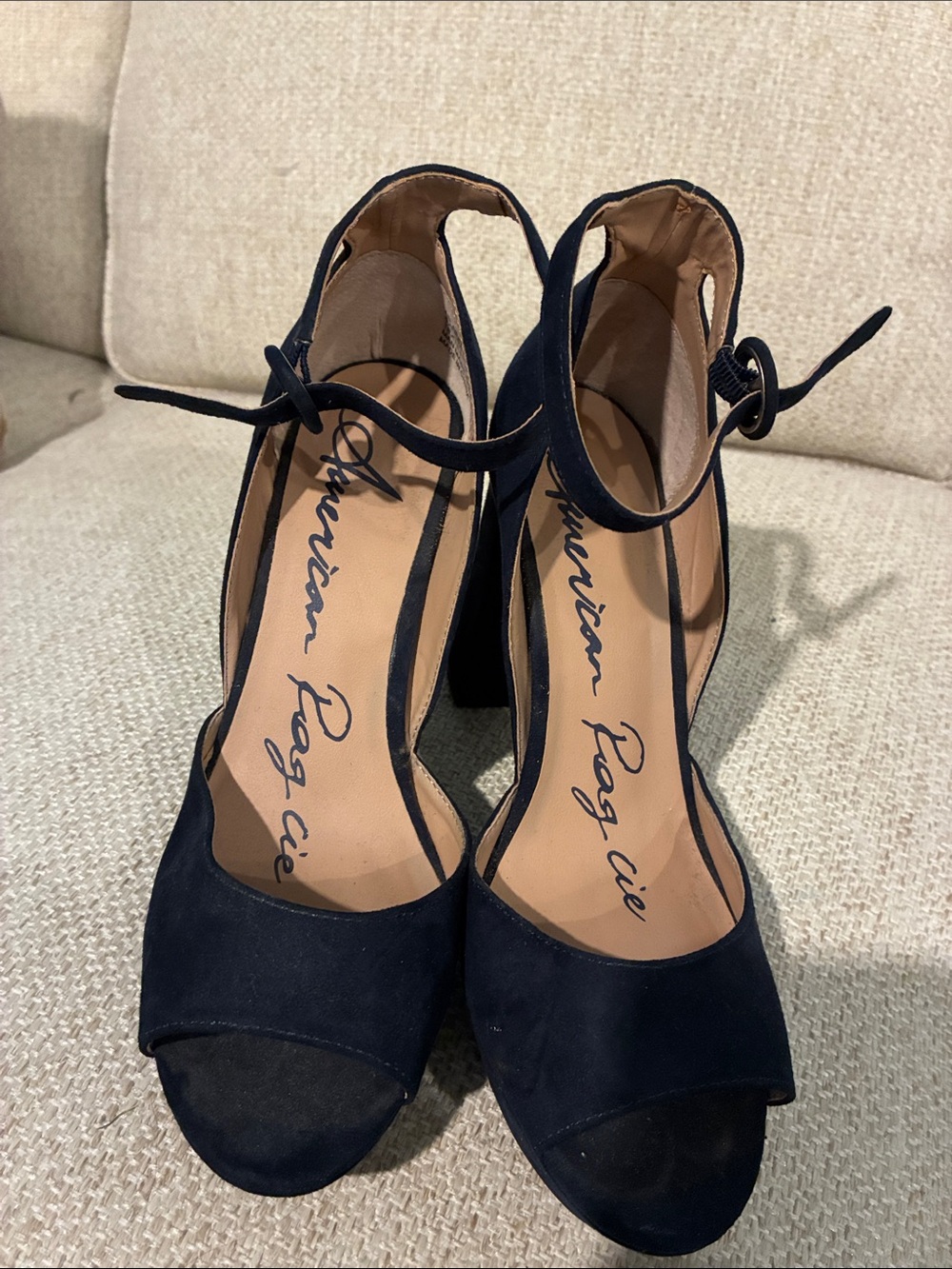 American Rag Navy Suede Ankle-Tie Block Heels
